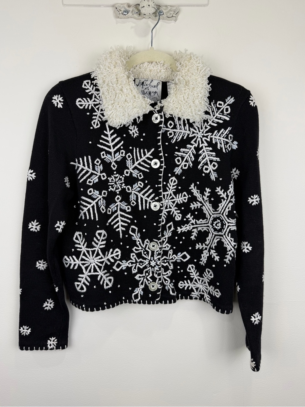 Vintage 1997 Michael Simon Snowflake Cardigan S Beaded Shaggy Collar